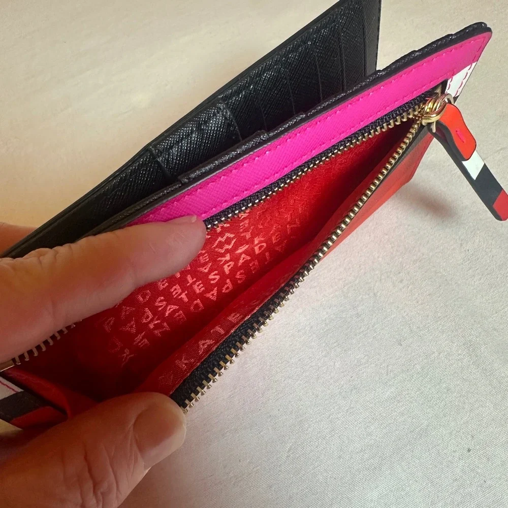 Kate‎ Spade New York Striped Saffiano Leather Bifold Slim Wallet Red Pink Black